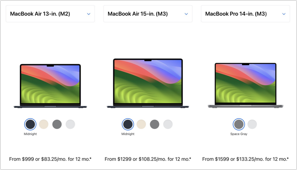 Photo shows purchasing options including price and color for the 13 inch and 15 inch MacBook Air and the 14 inch MacBookPro.