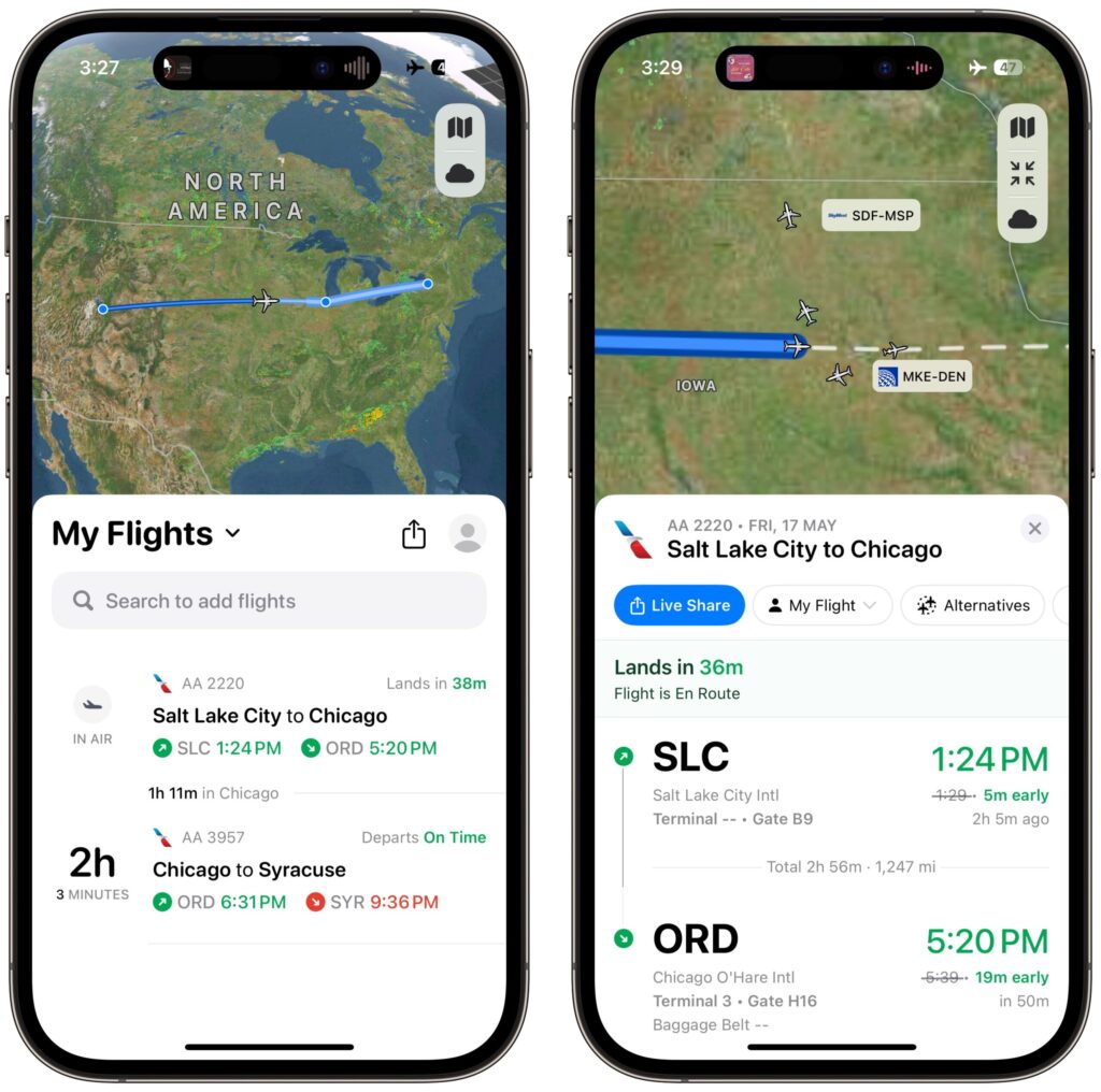 Photo contains screenshots from the Flighty app showing flight information including departure and arrival times and current flight path.