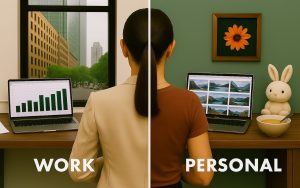 woman at desk showing work and personal spaces