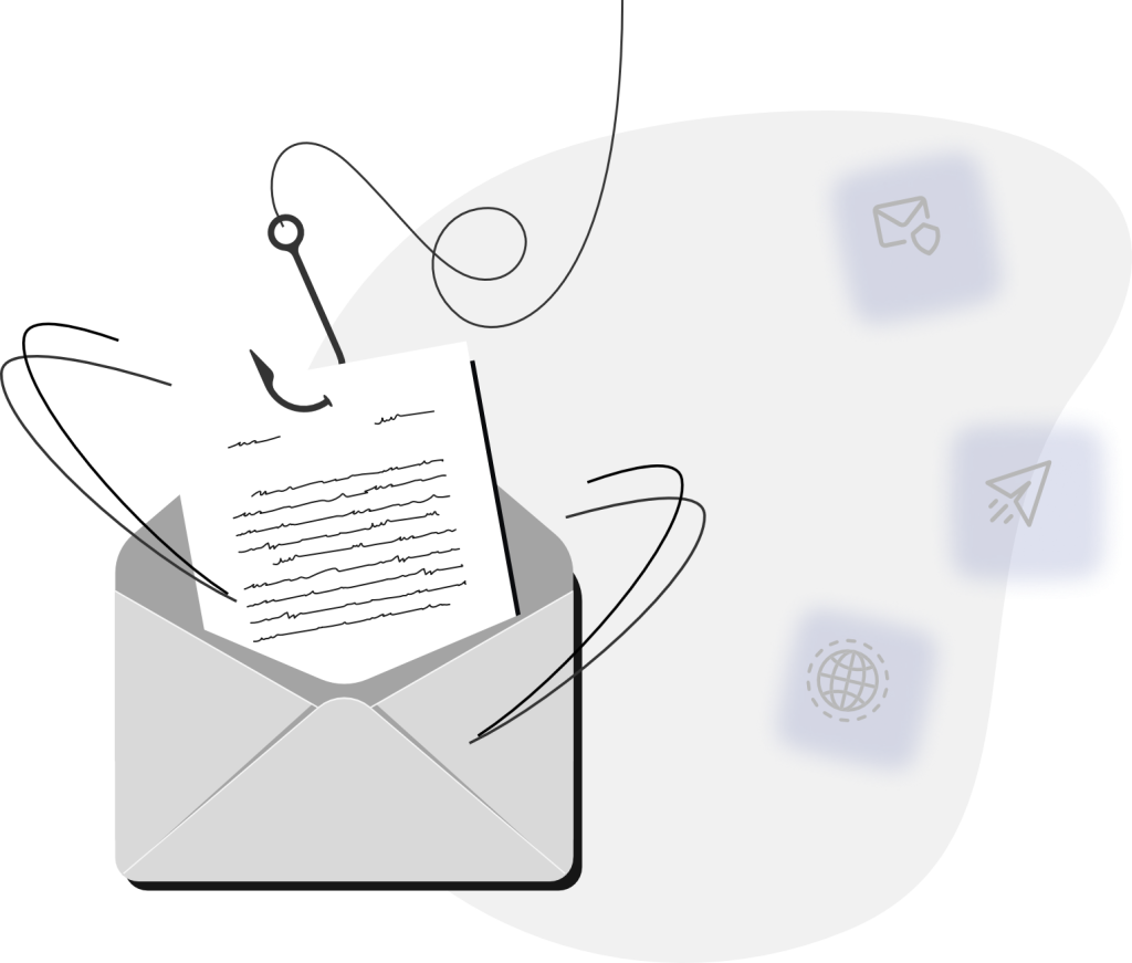 Envelope illustration with fishing hook through the letter. Globe, paper airplane icons. Indicating why you need DMARC to identify hidden email problems.