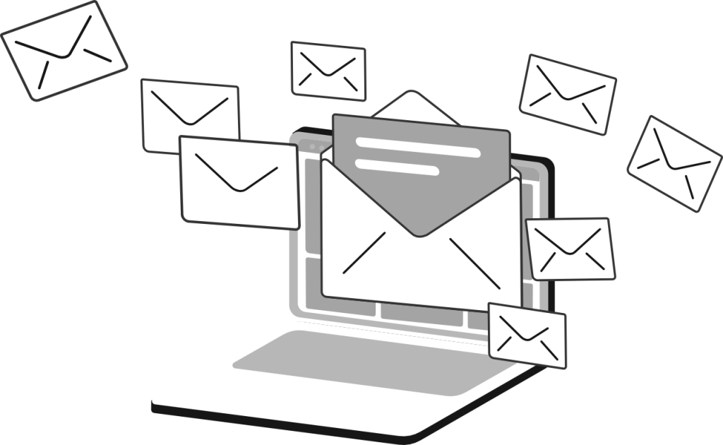 Laptop illustration with envelopes, drawing attention to what DMARC does and how it protects your business.