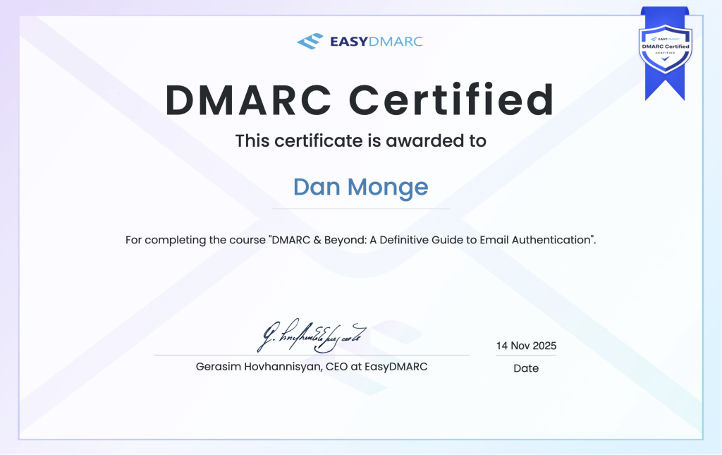 EasyDMARC DMARC Certified certificate.